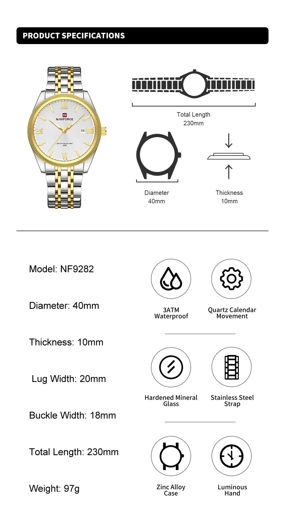 NAVIFORCE Man Wristwatch Quartz Calendar 30M Waterproof Date Display Steel Band Casual Male Business Watch Gift for Father's Day