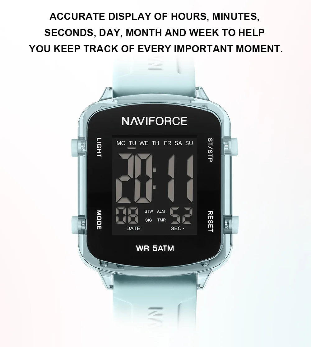 NAVIFORCE Watches for Woman LCD Digital 5ATM Waterproof Date Display Soft Silicone Strap Female Daily Casual Sports Wristwatch