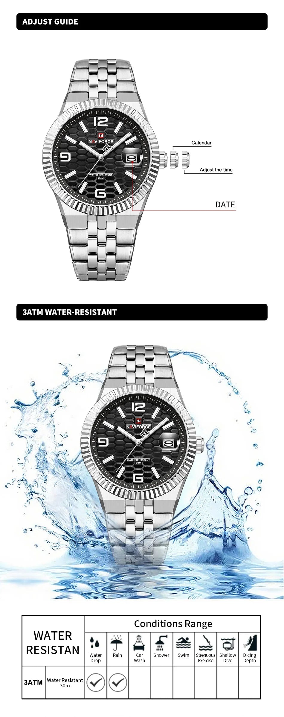 NAVIFORCE Men Watches Quartz Auto Date 3ATM Waterproof Stainless Steel Classic Male Luxury Fashion Business Wristwatch Gift Box