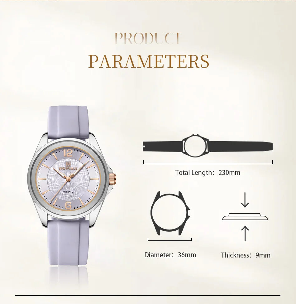 NAVIFORCE Top Brand Women's Quartz Watch Silicone Strap Fashionable Wristwatch Comfortable Girls Simple Gift Clock Box NF5068