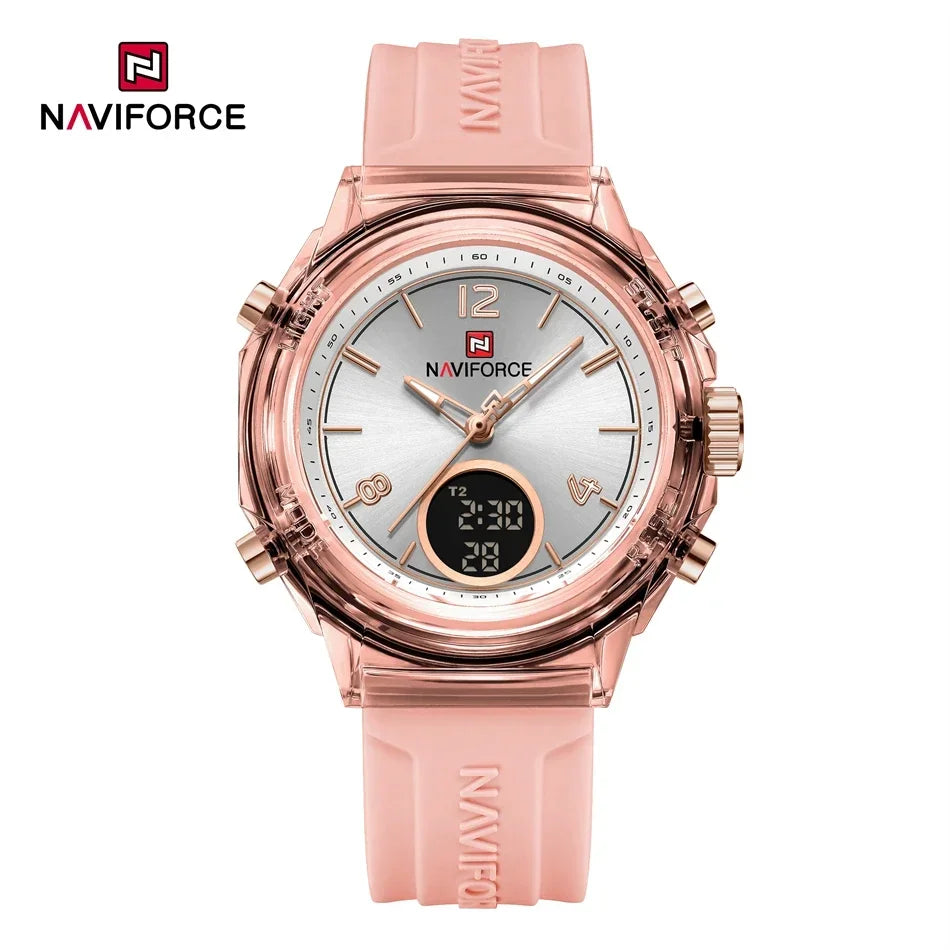 NAVIFORCE Sport Watches Women 50M Waterproof Lady Watch Lover Gifts Dual Time Display Wristwatch Digital LED Back Light Clock