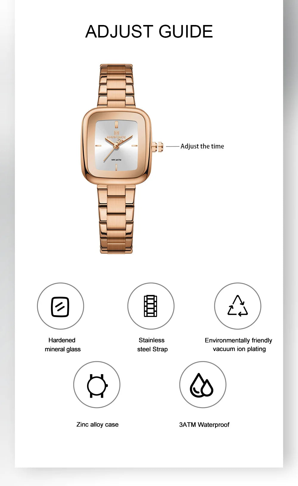 NAVIFORCE Square Watches for Women 3ATM Waterproof Stainless Steel Fashion Ultra Light Girls' Watch Wristwatch Gift Box for Lady