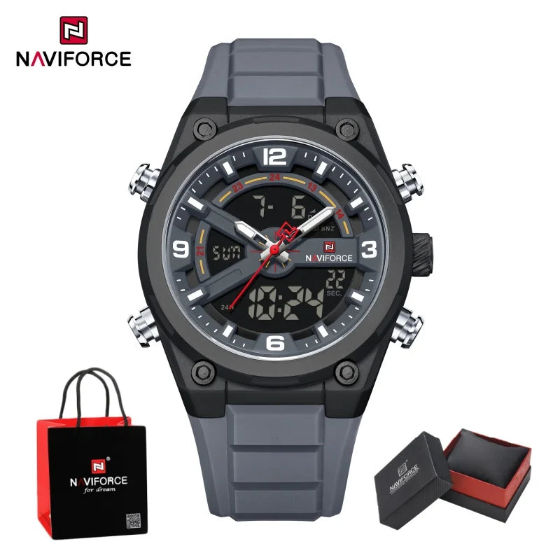NAVIFORCE Man's Watches Dual Display Week and Date Waterproof Luminous Silicone Strap Male Business Fashion Wristwatch Gift Box