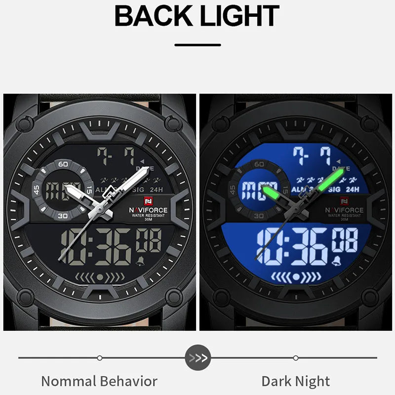 NAVIFORCE Men Watch Business Casual Fashion Dual Display Sport Genuine Strap Alarm Mode Quartz Wristwatch Man Waterproof Watch