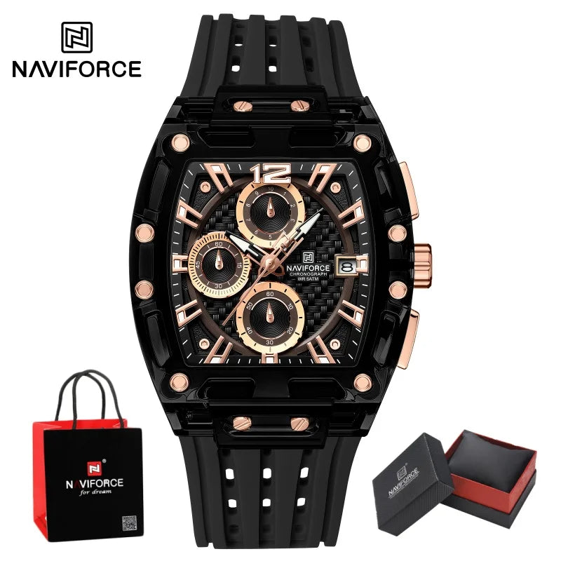 NAVIFORCE Man's Watch Quartz Chronograph 5ATM Waterproof Silicone Strap Fashion Sports Male Luxury Wristwatch Gifts Box NF7105