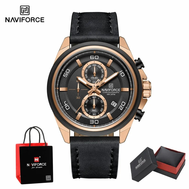 NAVIFORCE Men's Watch Quartz Chronograph Genuine Leather Strap Waterproof Luminous Hand Male Fashion Design Wristwatch Gifts Box