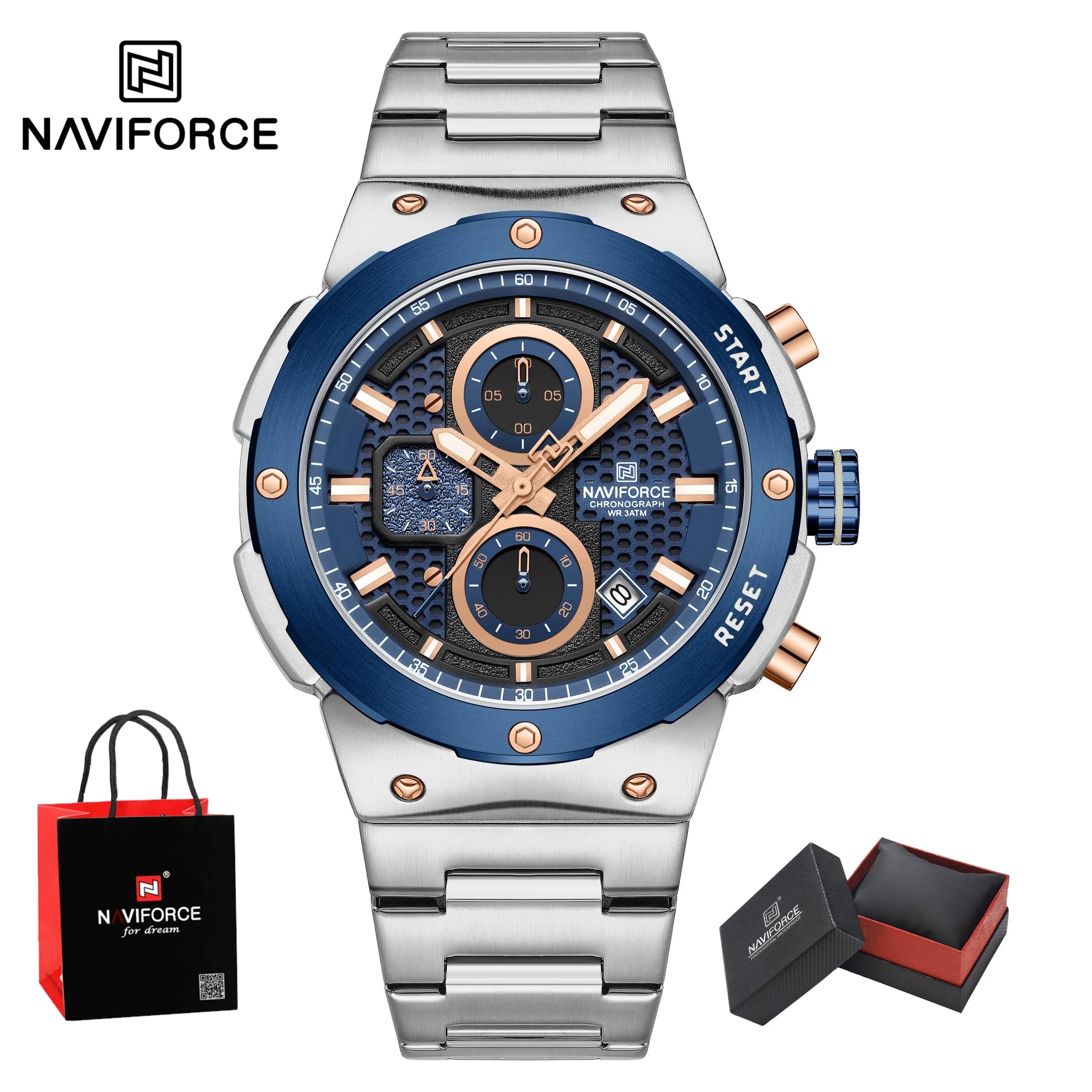 NAVIFORCE Man Watch Stainless Steel Sport Military Wristwatch Luxury Men Watches Luminous Waterproof Chronograph Quartz  Gifts