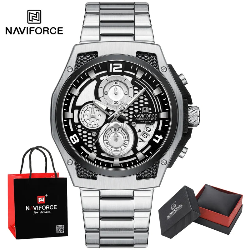 NAVIFORCE Business Watches for Men Fashion Stainless Steel Quartz Chronograph Waterproof WristWatch Male In Luxury Package Gifts