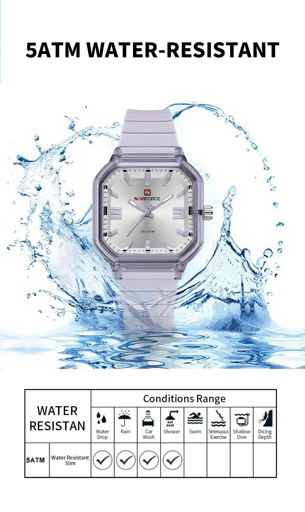 NAVIFORCE Women Polygon Watch Display Silicone Strap 50M Waterproof Luminous Fashionable Elegant Ladis Girls Wristwatch Gift Box