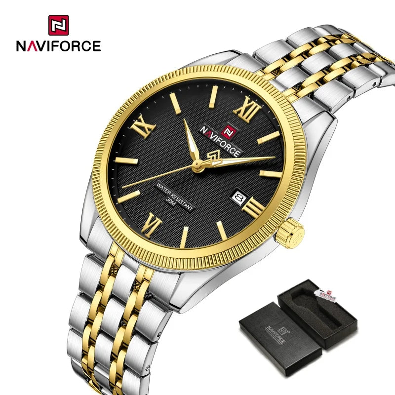 NAVIFORCE Man Wristwatch Quartz Calendar 30M Waterproof Date Display Steel Band Casual Male Business Watch Gift for Father's Day