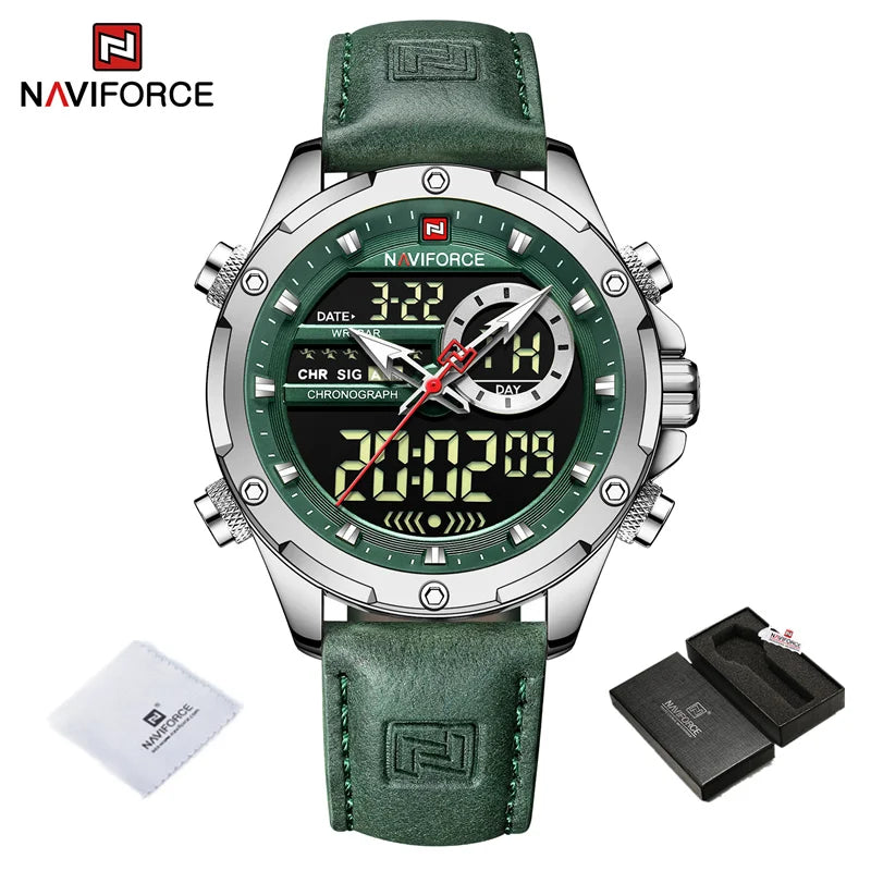 NAVIFORCE Original Men's Dual Time Luxury Sport Watch Casual Chronograph Alarm Quartz Wristwatch Leather Strap Waterproof Clock