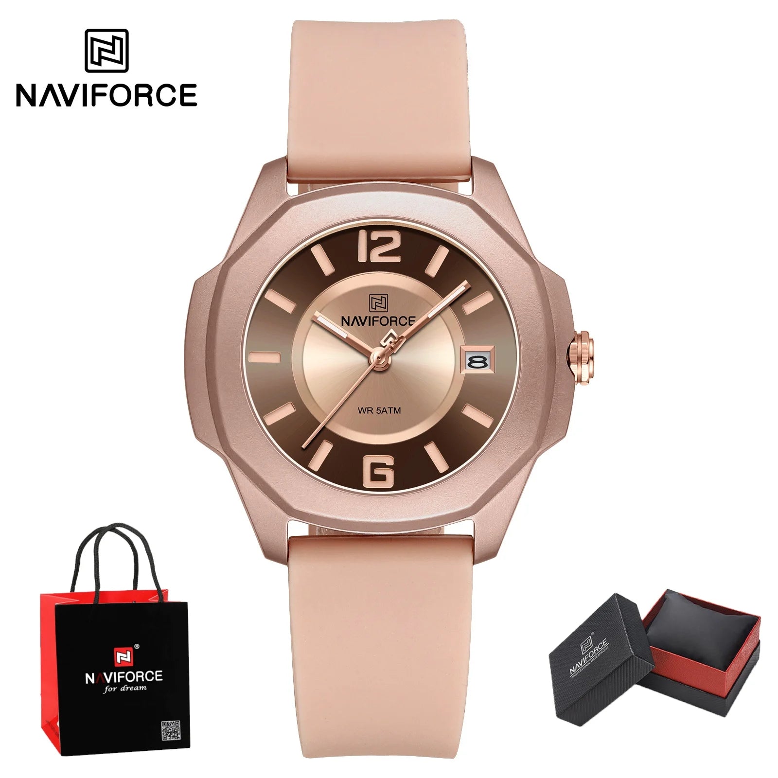 NAVIFORCE Watch Women's Luxury Quartz Watches Ladies Simple Style Silicone Strap Wrist Watch Date Display Clock Package Gifts