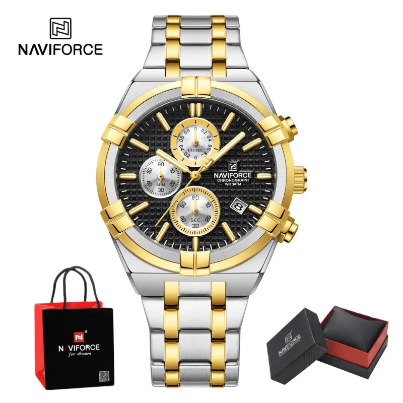 NAVIFORCE Original Watches for Man Waterproof Quartz Chronograph Luminous Stainless Steel Father's Day Male Wristwatch Gift Box