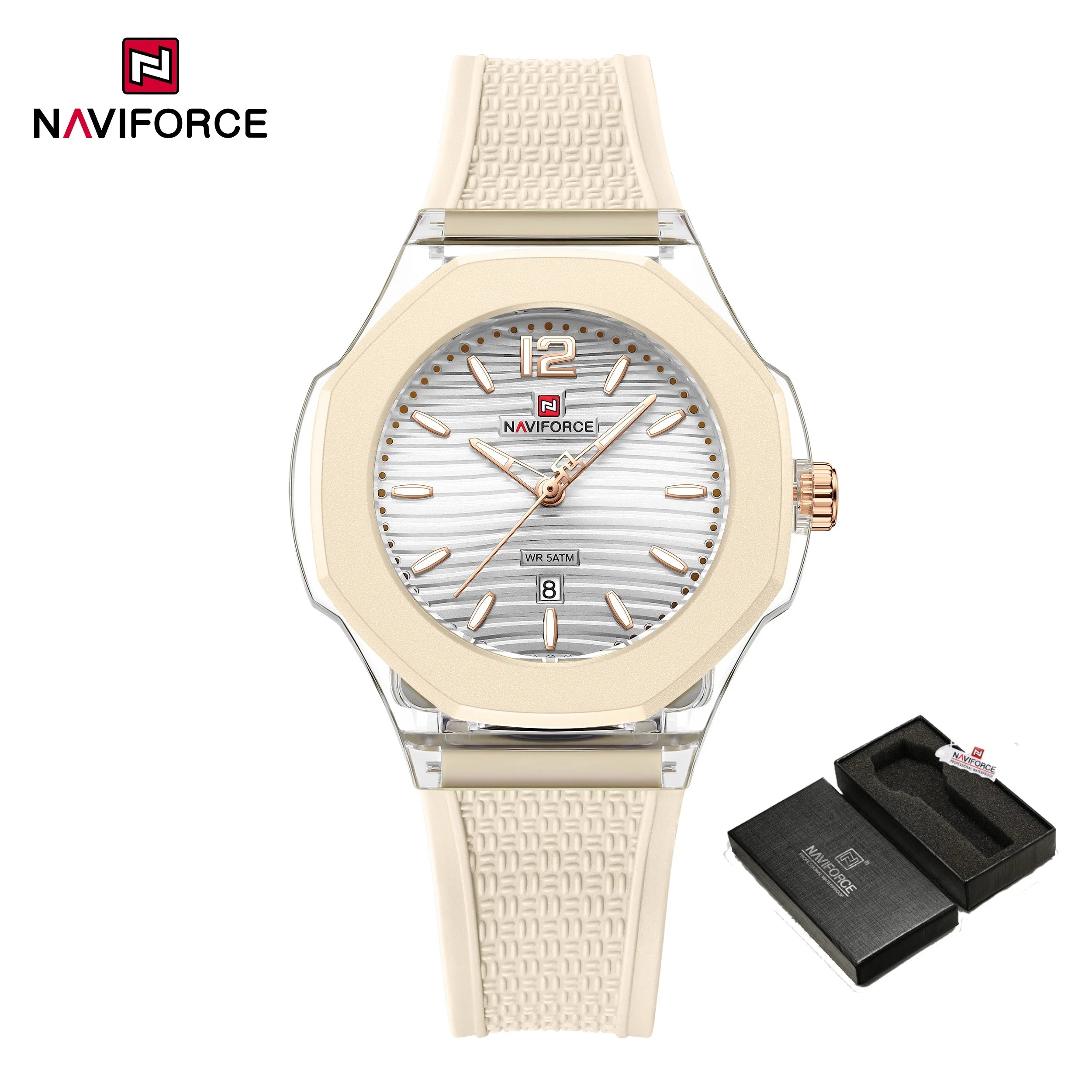 NAVIFORCE Fashion Watch for Women 5ATM Waterproof Silicone Strap Auto Date Display Night Illumination Ladies Elegant Watch Gift