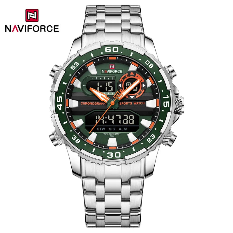 NAVIFORCE Men's Sports Alarm Watch Waterproof Chronograph Quartz Movement Steel Band Digital Date Week Display Wristwatches Gift