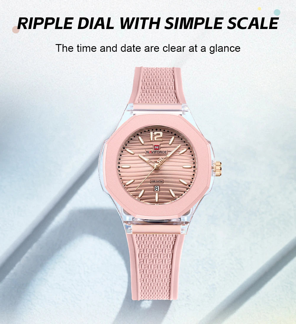 NAVIFORCE Woman's Watch Quartz Waterproof Silicone Band Date Display Wristwatch Luxury Trendy Ladies Dress Wristwatch Gifts Box
