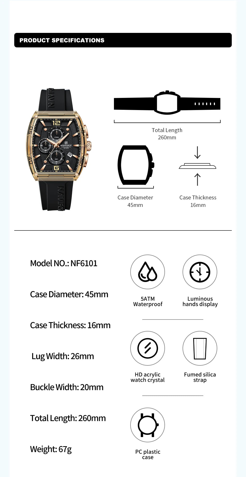 NAVIFORCE Luxury Men's Watch Quartz Chronograph 5ATM Waterproof Luminous Hand Soft Silicone Strap Male Fashion Sports Wristwatch