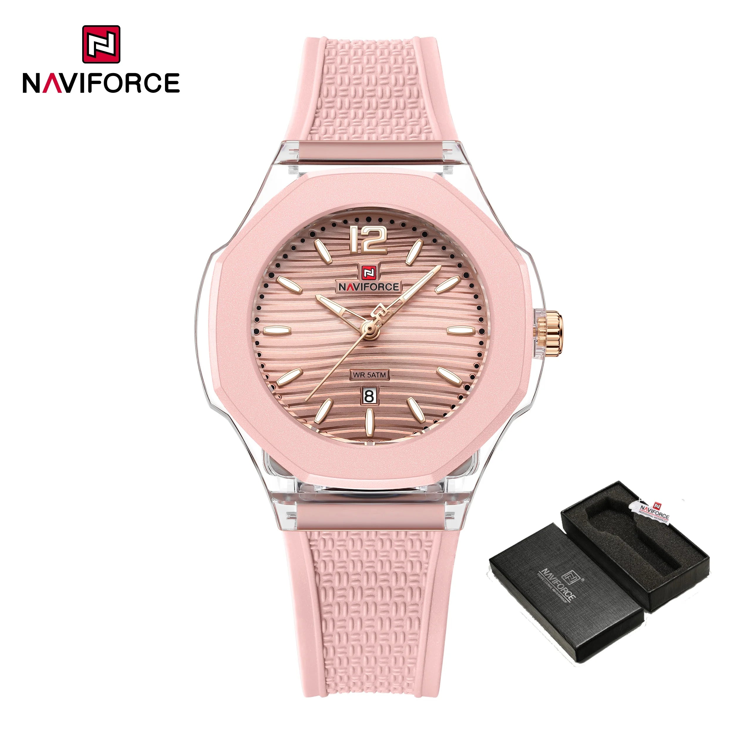 NAVIFORCE Fashion Watch for Women 5ATM Waterproof Silicone Strap Auto Date Display Night Illumination Ladies Elegant Watch Gift
