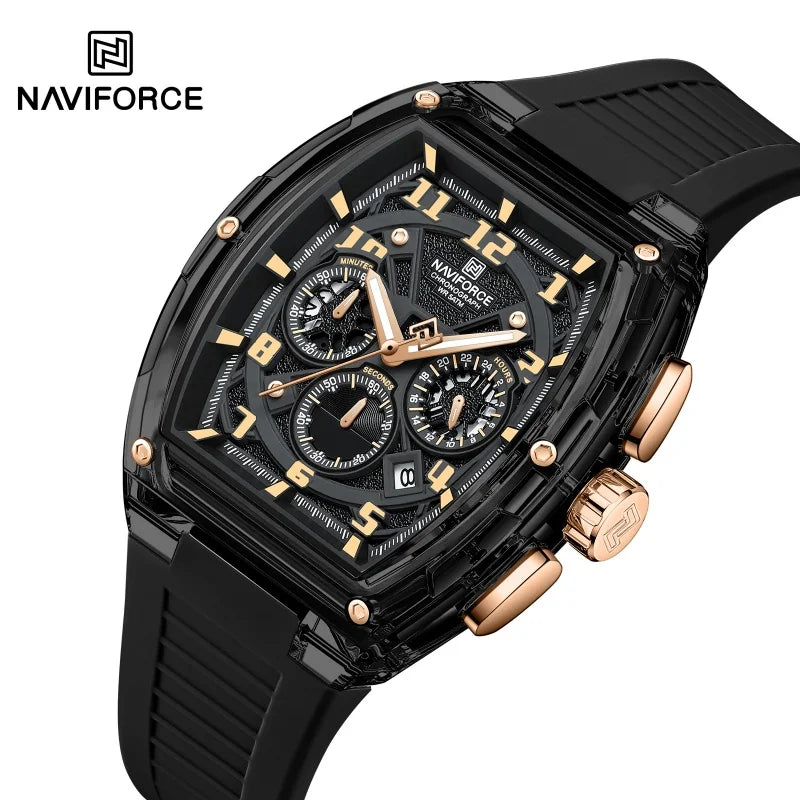 NAVIFORCE Man's Quartz Watch 50M Water Resistant Luminous Male Sports Wristwatch Barrel Dial Multi Function Casual Tech Stylish