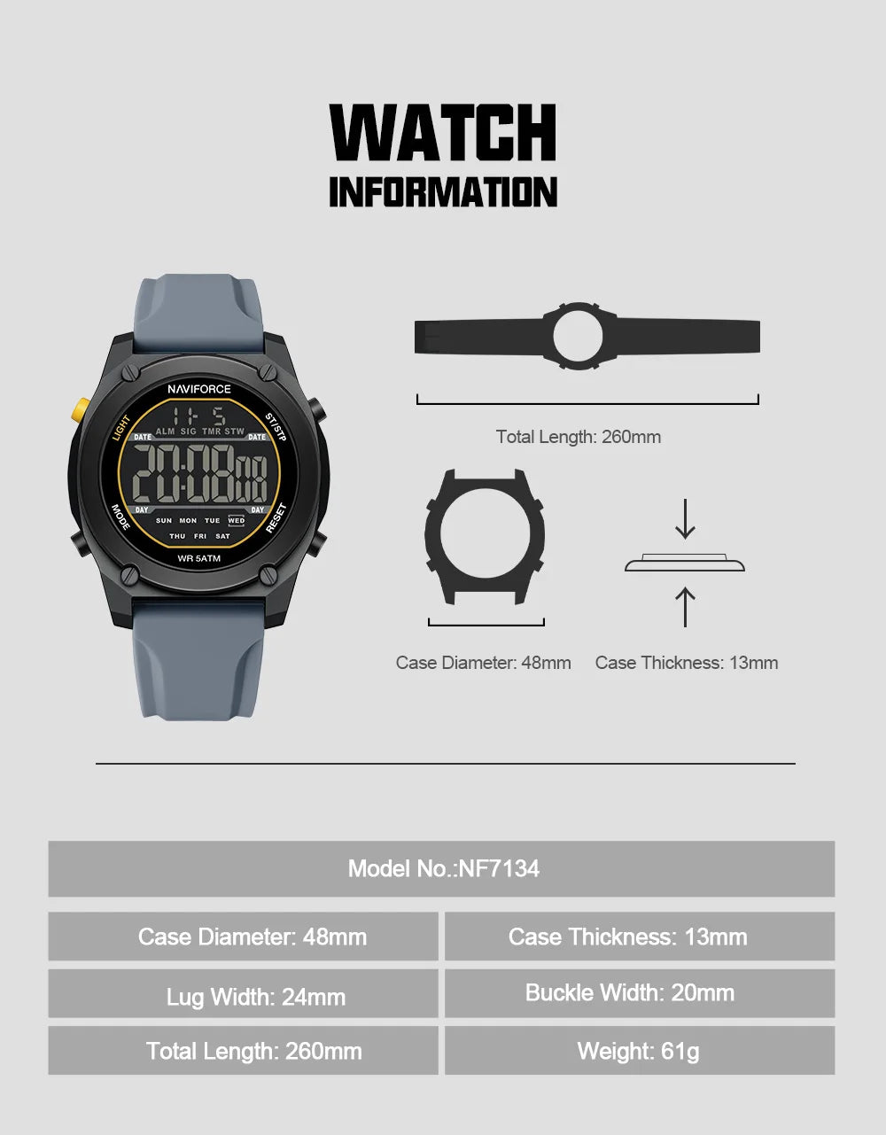 NAVIFORCE Men Digital Watch Sports Fashion Watches Waterproof 50M Man HD Electronic Screen Student Cool Alarm Display Wristwatch