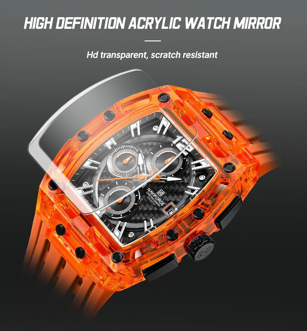 NAVIFORCE Men's Quartz Watch Multifunctional Colorful Chronograph Top Brand Silicone Strap 5ATM Waterproof Tonneau Wristwatches
