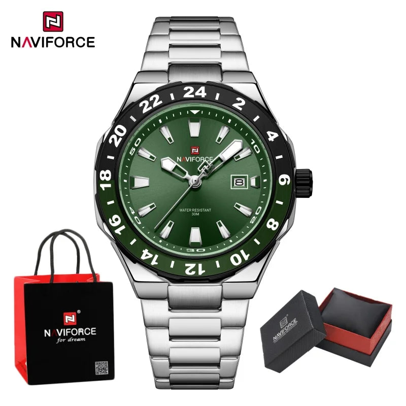 NAVIFORCE  Watches for Man Stainless Steel Waterproof Luxury Sports Quartz Clock Luminous Calendar Wristwatch Male Package Gifts