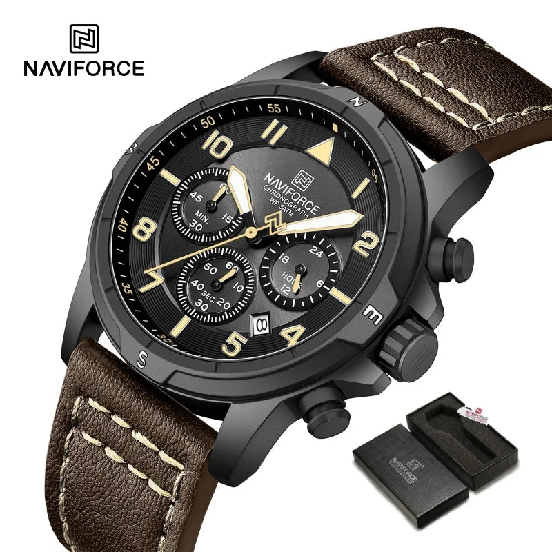 NAVIFORCE New Male Wristwatch Multi Dial Chronograph 24 Hour Clock Leather Band Men Modern Business Luxury Man's Watch NF8077