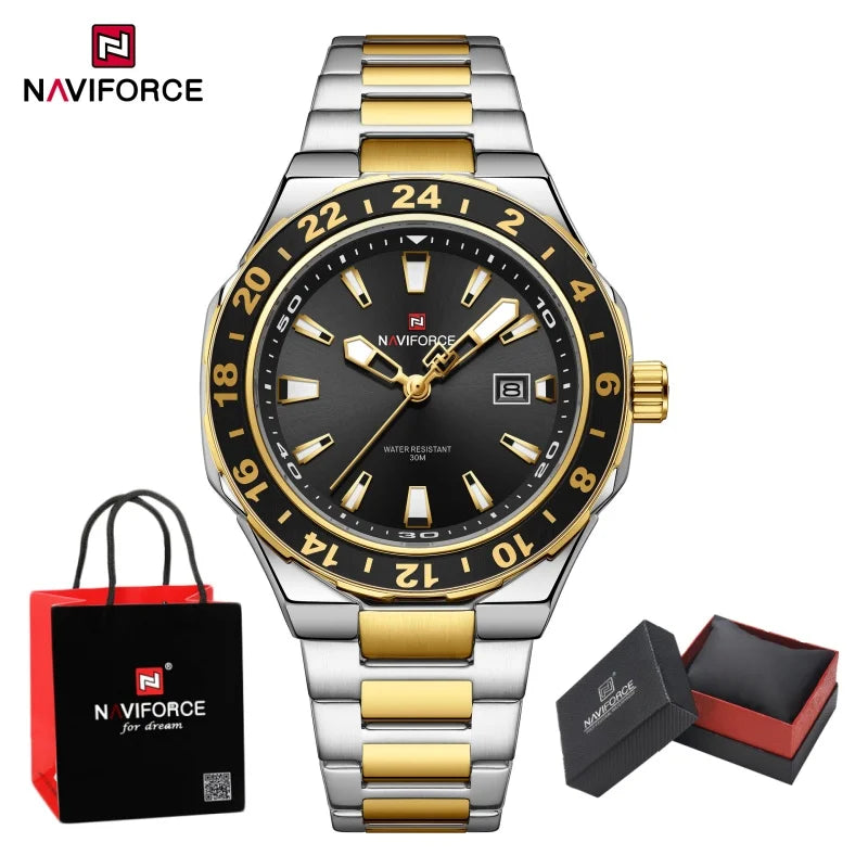NAVIFORCE  Watches for Man Stainless Steel Waterproof Luxury Sports Quartz Clock Luminous Calendar Wristwatch Male Package Gifts