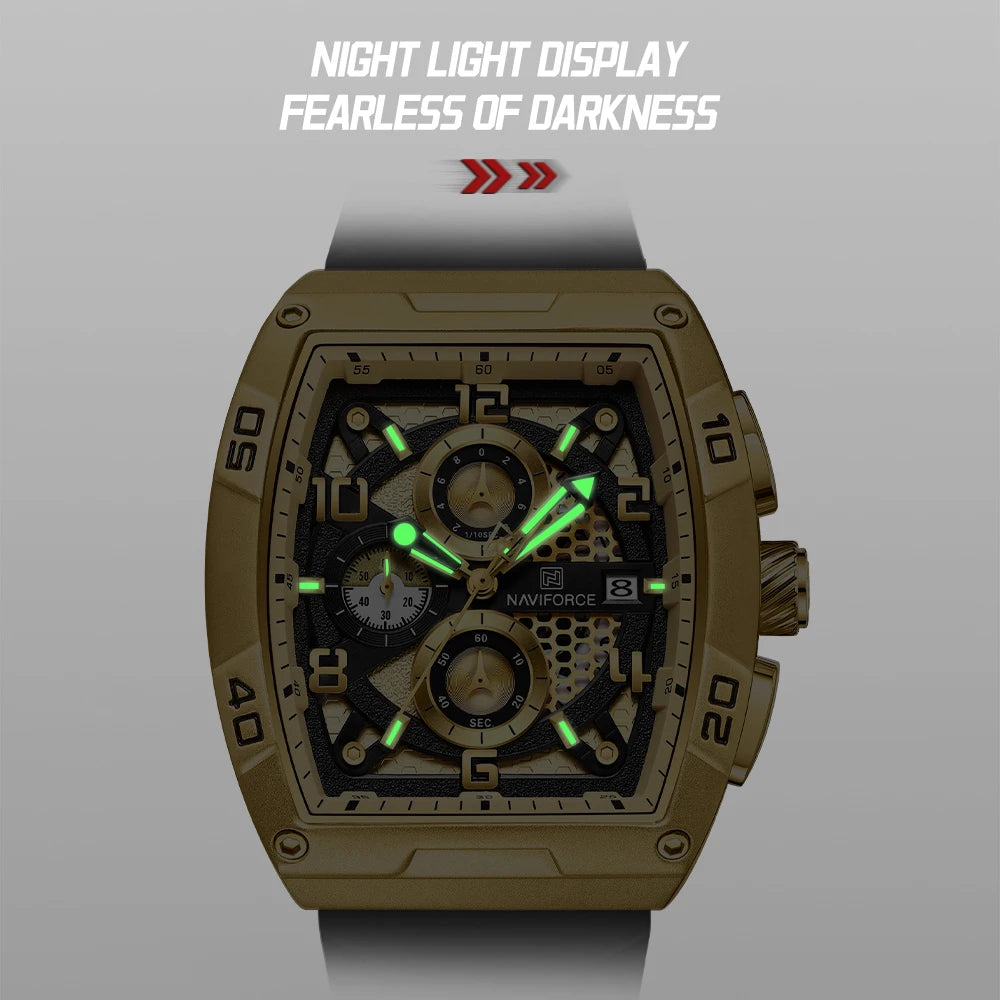 Fashion Brand NAVIFORCE  Men Gold Design Quartz Watches Casual Male  Wrist Watch Large Dia Multi-function PU Waterproof Clock