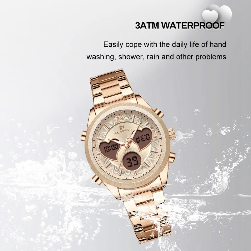 NAVIFORCE Women Watch Unique Design of Heart-Shaped Dial Quartz Analog LCD Digital Watches Fashion Casual Girlfriend Gifts Clock