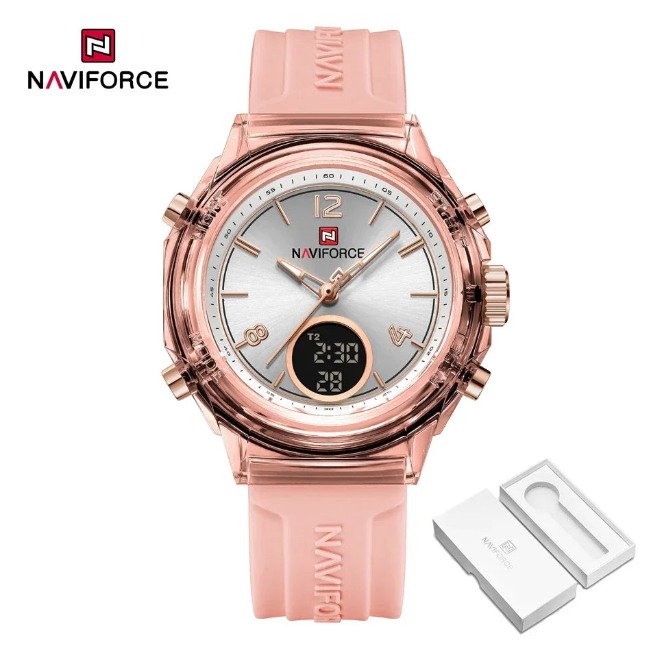 NAVIFORCE Sport Watches Women 50M Waterproof Lady Watch Lover Gifts Dual Time Display Wristwatch Digital LED Back Light Clock