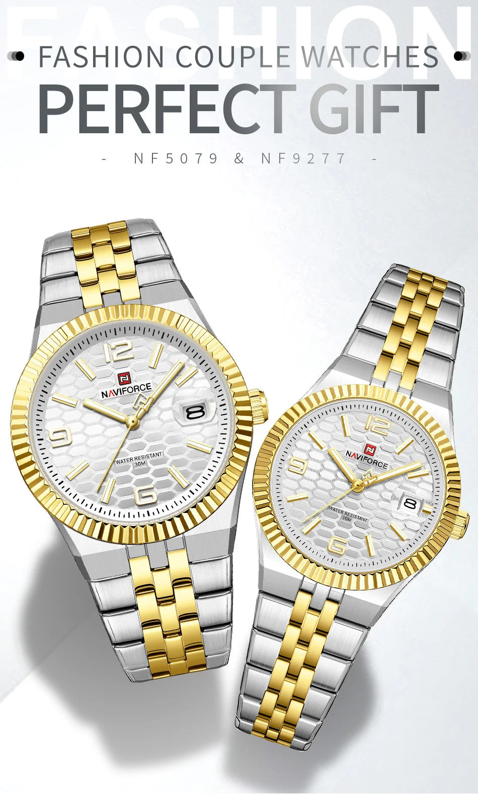 NAVIFORCE New Lover Watches 3ATM Waterproof Quartz Calendar Stainless Steel Fashionable Elegant Daily Wear Wristwatch for Couple