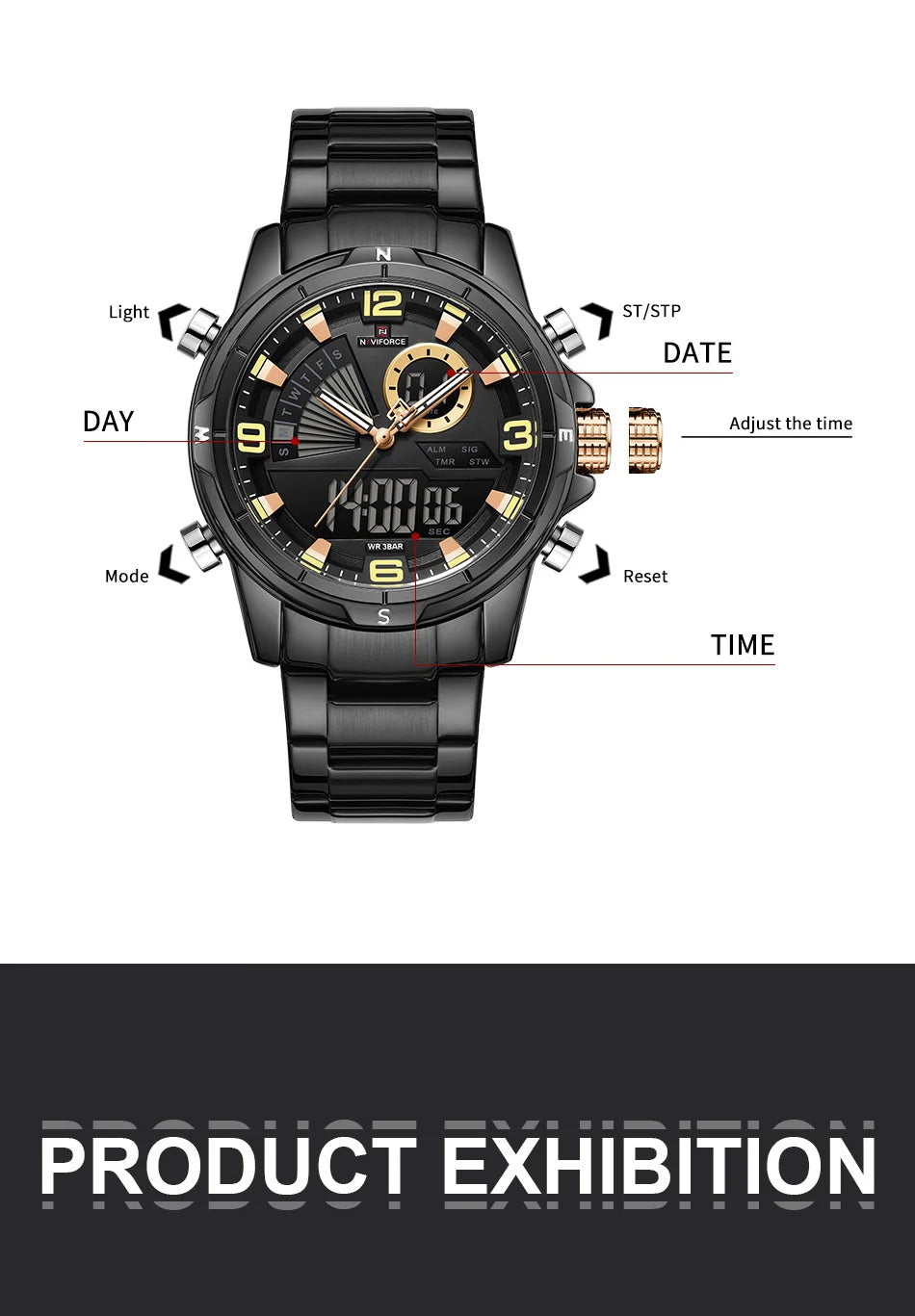 NAVIFORCE Men Watch Steel Band Men's Wrist Watch Casual Sports Multifunction Waterproof big dial Chronograph Day and Date Clock