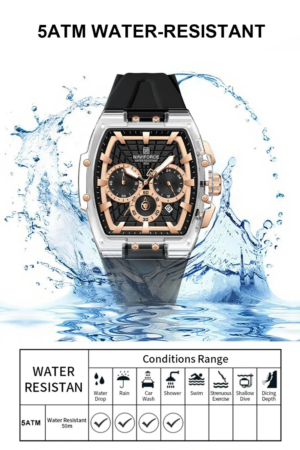 NAVIFORCE Men's Quartz Watch Waterproof Luminous Chronograph with Date Display 24-Hour Male Military Sports Wristwatch Gift Box