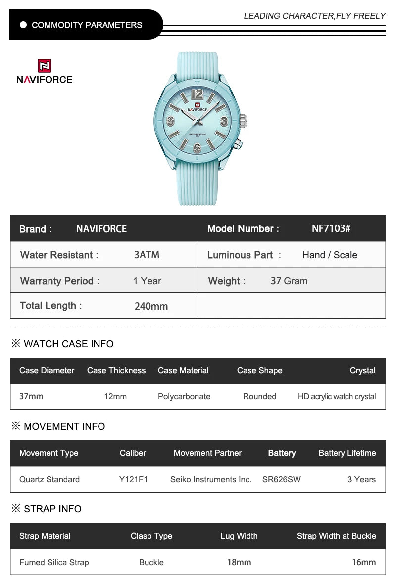 NAVIFORCE Women's Waterproof Watch Fashion Casual Luminous Display Quartz Wristwatch with Silicone Band Reloj Mujer High Quality