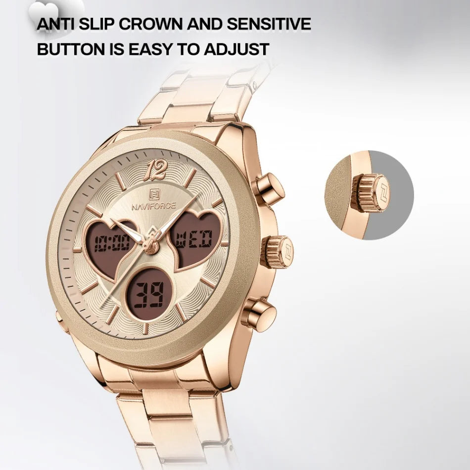 NAVIFORCE Women Watch Unique Design of Heart-Shaped Dial Quartz Analog LCD Digital Watches Fashion Casual Girlfriend Gifts Clock