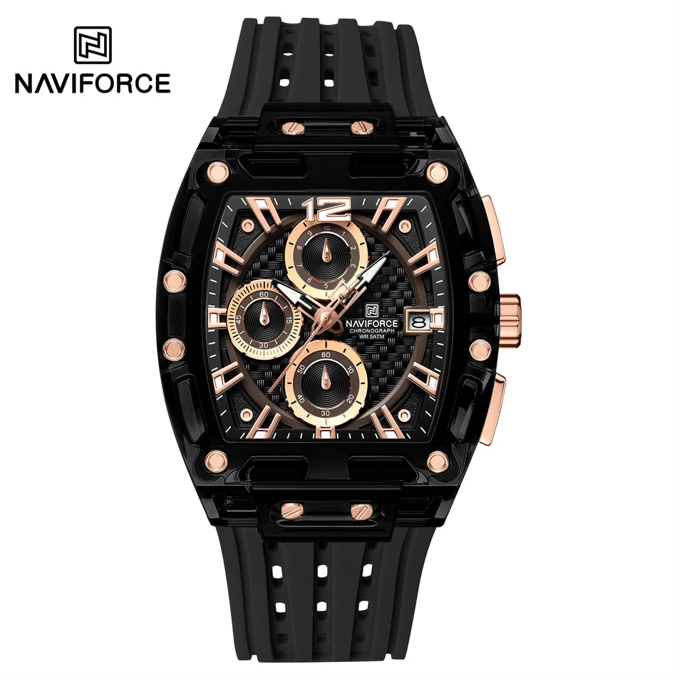 NAVIFORCE Men's Quartz Watch Multifunctional Colorful Chronograph Top Brand Silicone Strap 5ATM Waterproof Tonneau Wristwatches