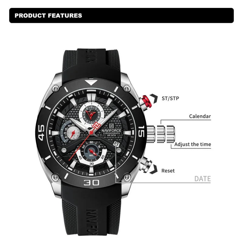 NAVIFORCE Man's Watch Quartz Chronograph 30M Waterproof Luminous Silicone Strap Trendy Sports Simple Wristwatch Gift Box for Men