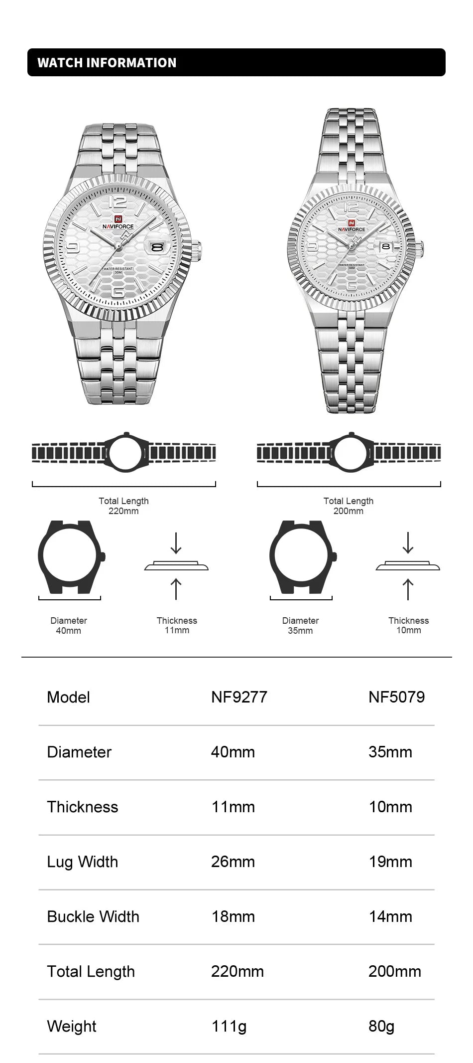 NAVIFORCE Couple Watch Quartz Calendar 3ATM Waterproof Stainless Steel Trendy Luxury Lover Wristwatch for Men and Women Gifts
