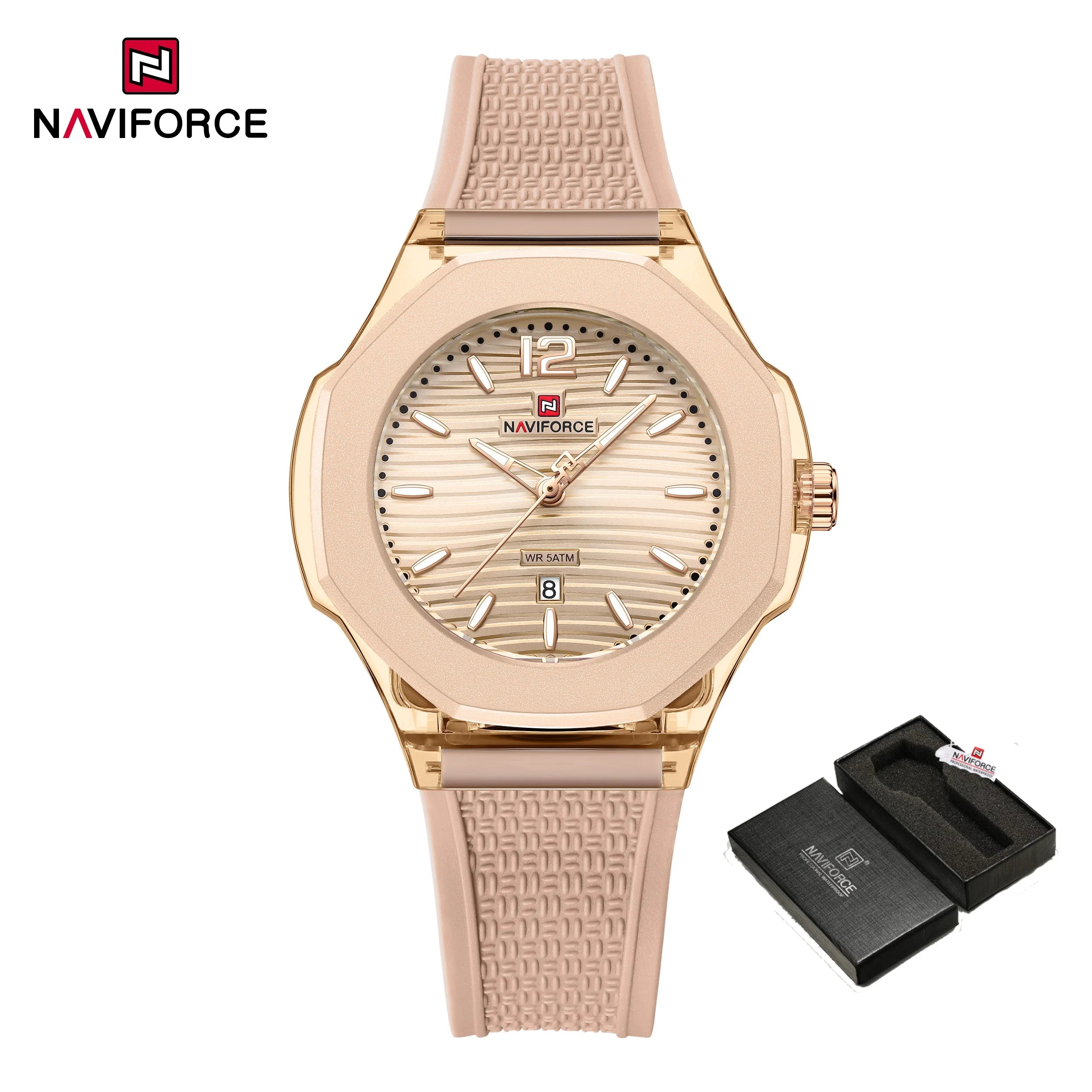 NAVIFORCE Fashion Watch for Women 5ATM Waterproof Silicone Strap Auto Date Display Night Illumination Ladies Elegant Watch Gift