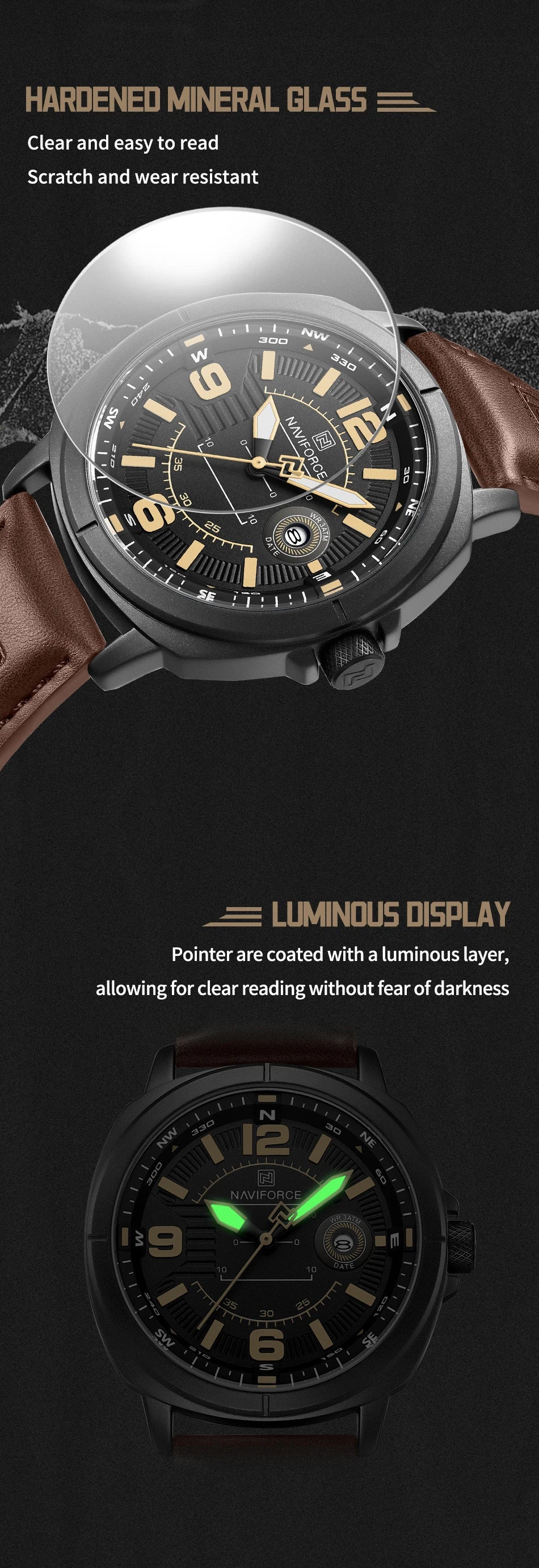 NAVIFORCE New Male Wristwatch Gift Box Quartz Calendar PU Band Calendar High Quarlity 30M Waterproof Business Man's Watch NF8078