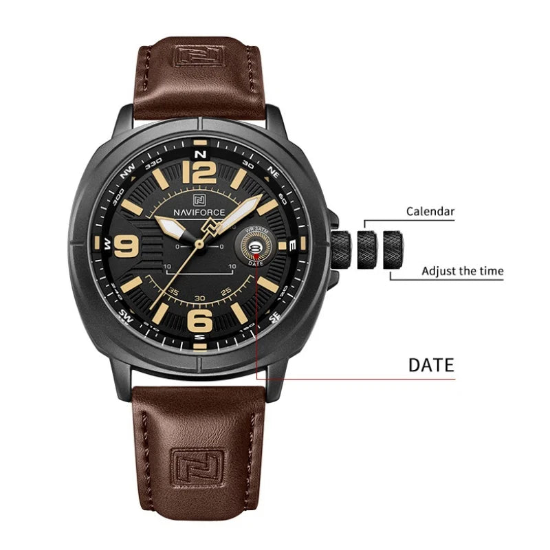 NAVIFORCE New Male Wristwatch Gift Box Quartz Calendar PU Band Calendar High Quarlity 30M Waterproof Business Man's Watch NF8078