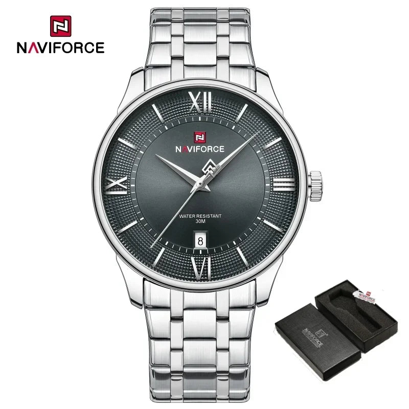 NAVIFORCE Men's Watch Stainless Steel Strap Waterproof Luxury Sport Male Quartz WristWatch Calendar Clock Reloj Hombre man gift