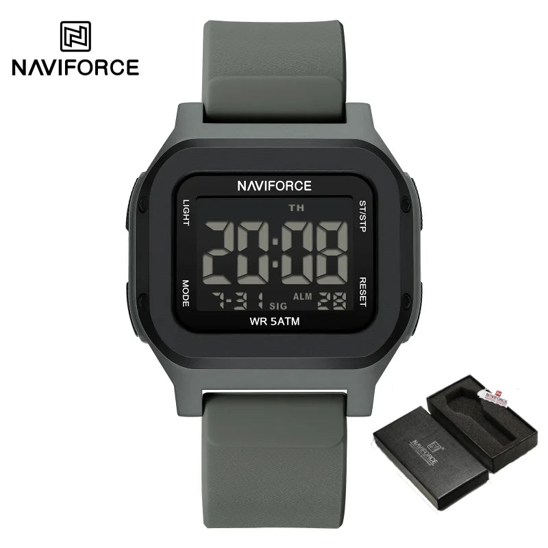 High Quality NAVIFORCE Men's Sport Wristwatch LCD Display 50m Waterproof Alarm Stopwatch BackLight Unique Square Case Gift Clock