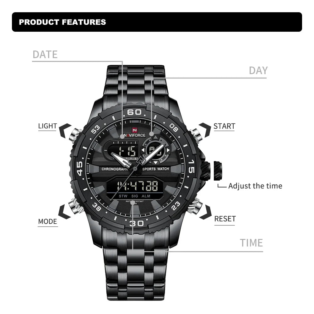 NAVIFORCE Men's Watch Quartz Analog LCD Digital Wristwatch Male Stainless Steel Strap Water Resistant Date Clock Package Gifts
