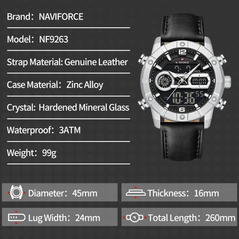 NAVIFORCE Men Watch Quartz Calendar Sports Waterproof Alarm Countdown Automatic Display Fashionable Luxury Wristwatch Gifts Box