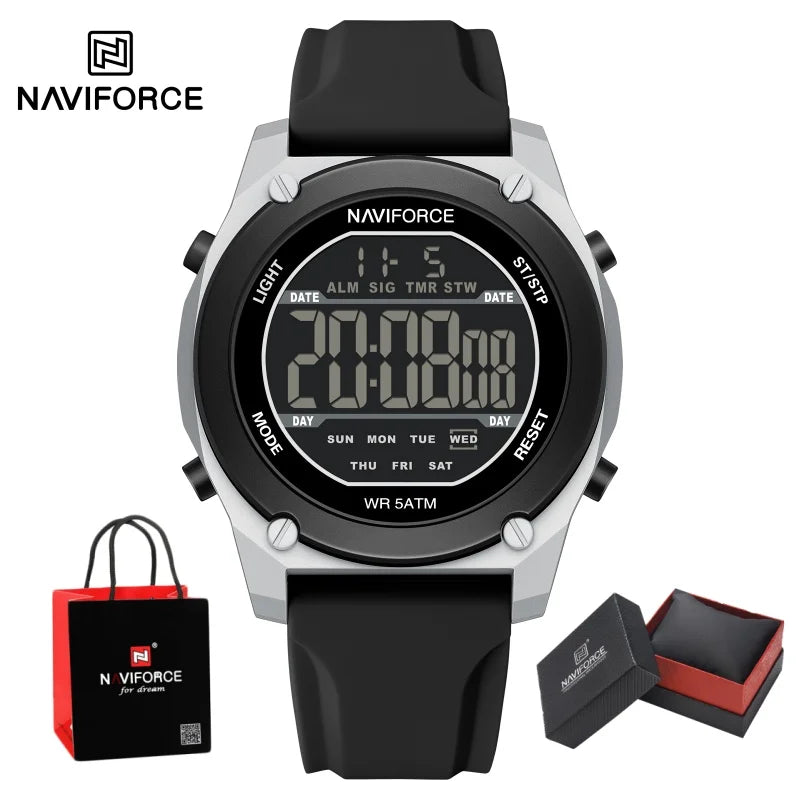 NAVIFORCE Men's LCD Digital Watch 50M Water Resistant Electronic Calendar Fashion Silicone Band Alarm Clock Wristwatch Gifts Box