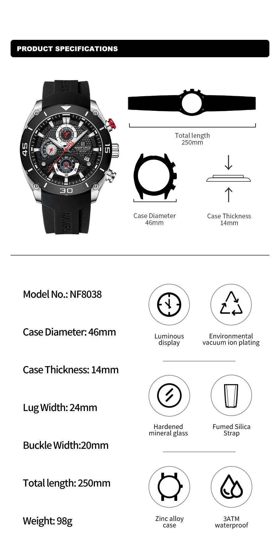 NAVIFORCE Man's Watch Quartz Chronograph 30M Waterproof Luminous Silicone Strap Trendy Sports Simple Wristwatch Gift Box for Men
