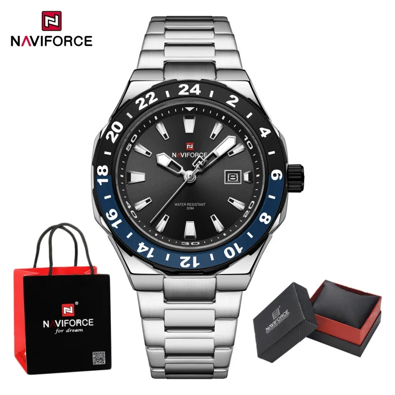 NAVIFORCE  Watches for Man Stainless Steel Waterproof Luxury Sports Quartz Clock Luminous Calendar Wristwatch Male Package Gifts