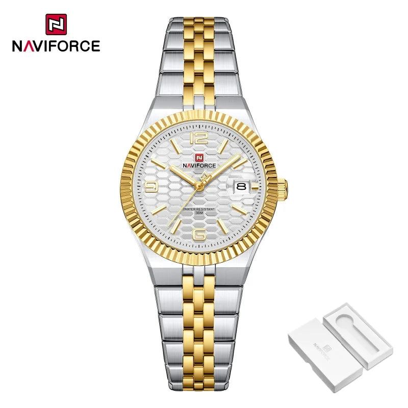 NAVIFORCE New Lover Watches 3ATM Waterproof Quartz Calendar Stainless Steel Fashionable Elegant Daily Wear Wristwatch for Couple
